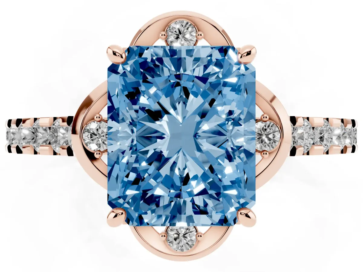 Fancy Blue Radiant Cut Diamond Ring with Pavé Band and Floral Prong Setting Rose gold