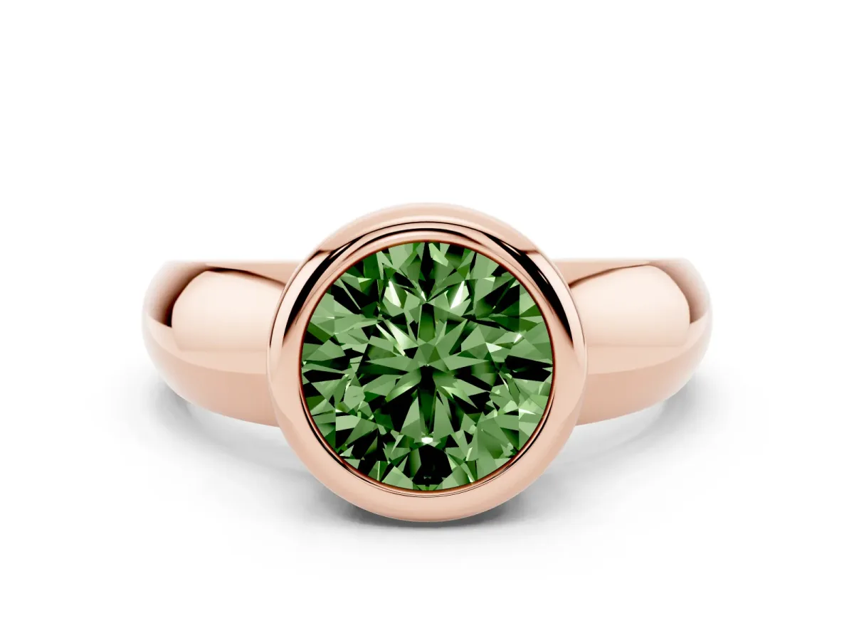 Fancy Green Bezel Set Round Cut Solitaire Ring with Wide Band Rose gold