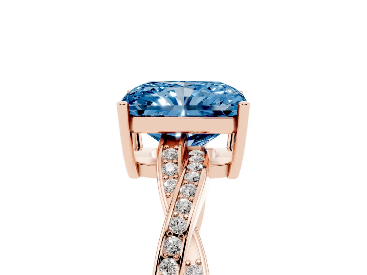 Fancy Blue Radiant Cut Solitaire Twisted Pave Diamond Ring with Four-Prong Setting Rose gold