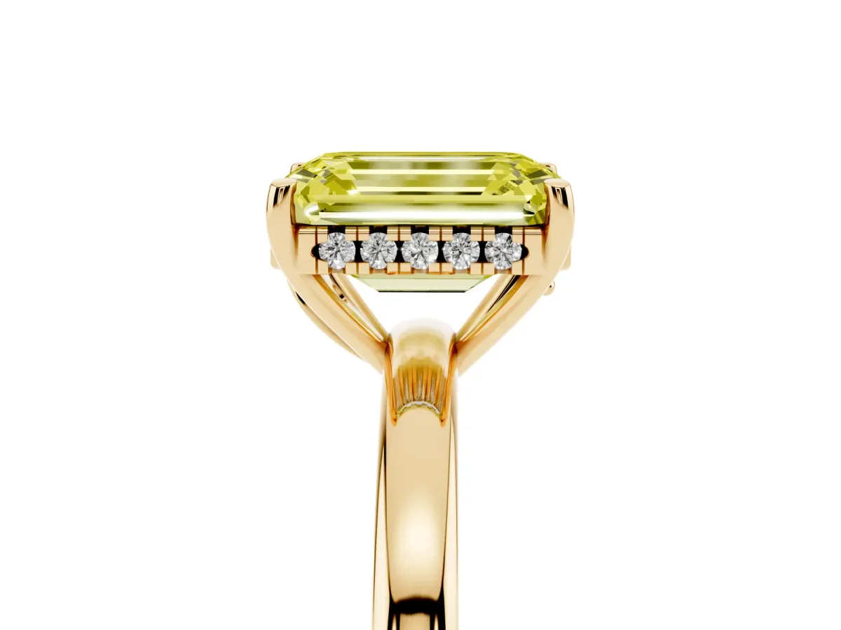Fancy Yellow Emerald Cut Solitaire Diamond Ring with Prong Setting and Plain Band Yellow gold
