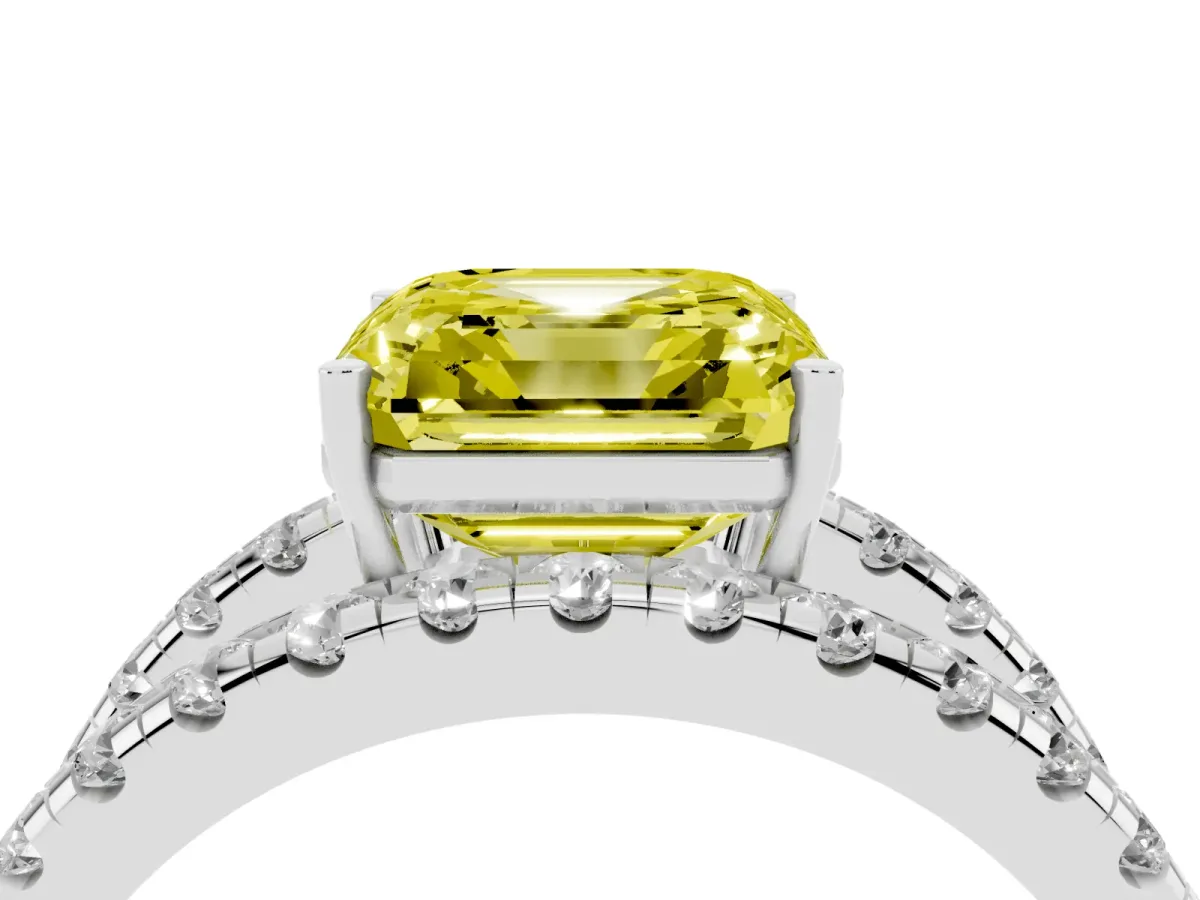 Fancy Yellow Asscher Cut Solitaire Split Shank Pave Diamond Ring Silver
