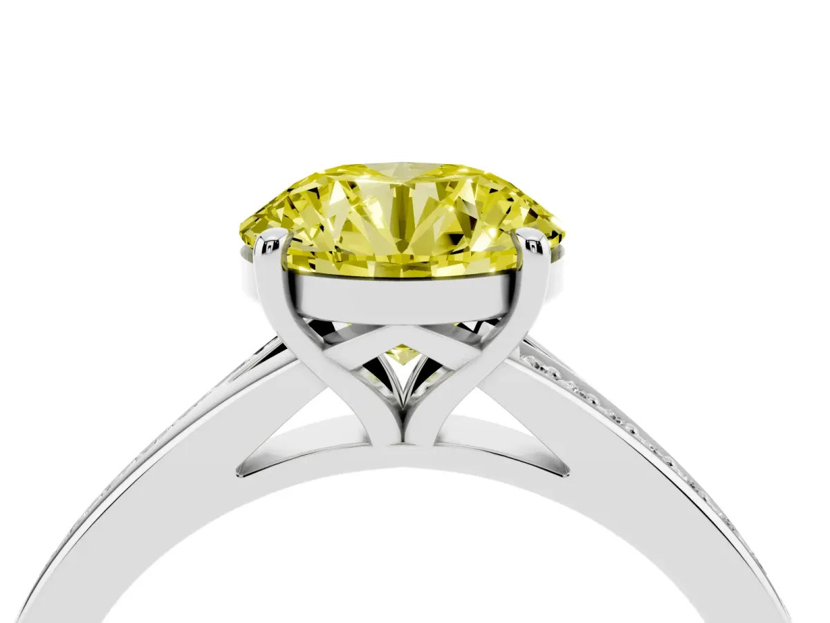 Fancy Yellow Round Cut Diamond Solitaire Ring with Pavé Band and Prong Setting Silver