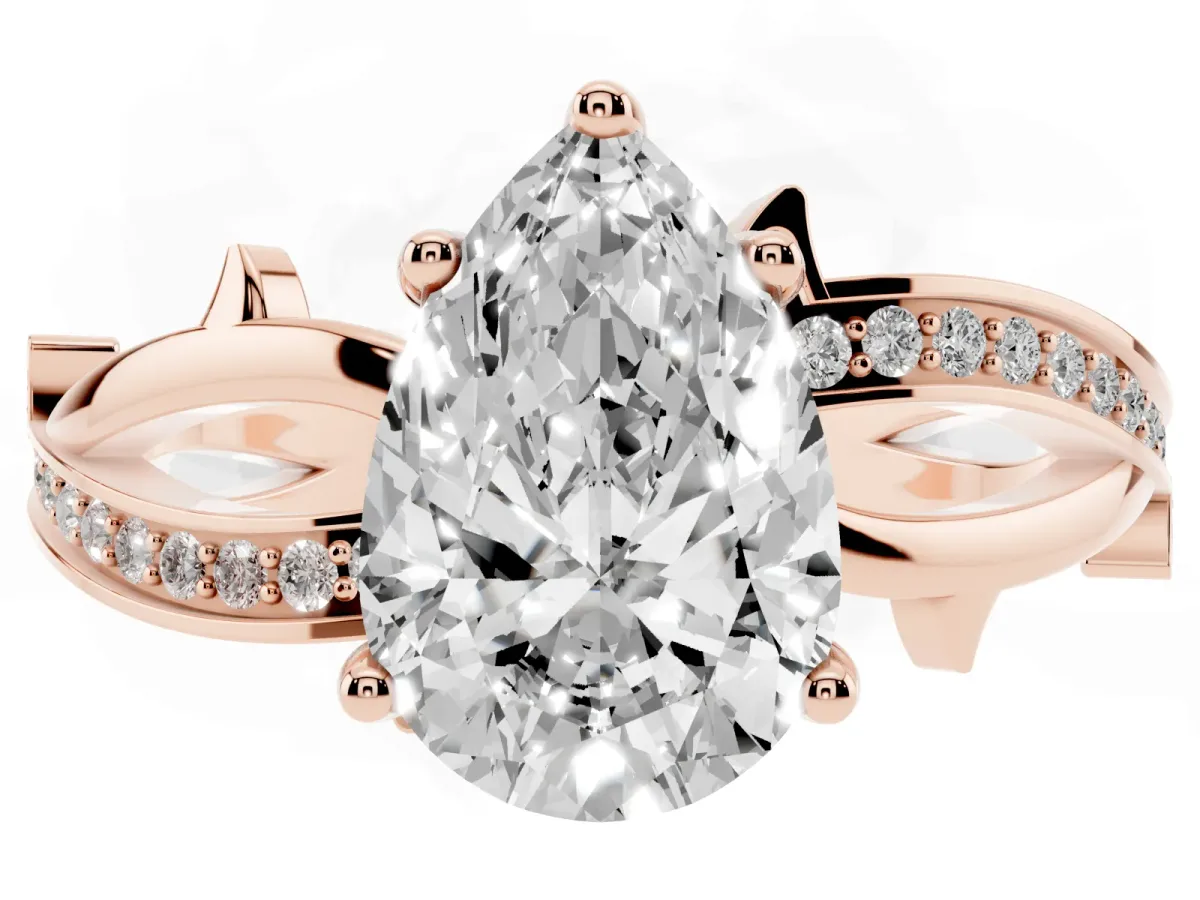 Pear Cut Solitaire Twist Band with Pavé Accents and Four-Prong Setting Rose gold