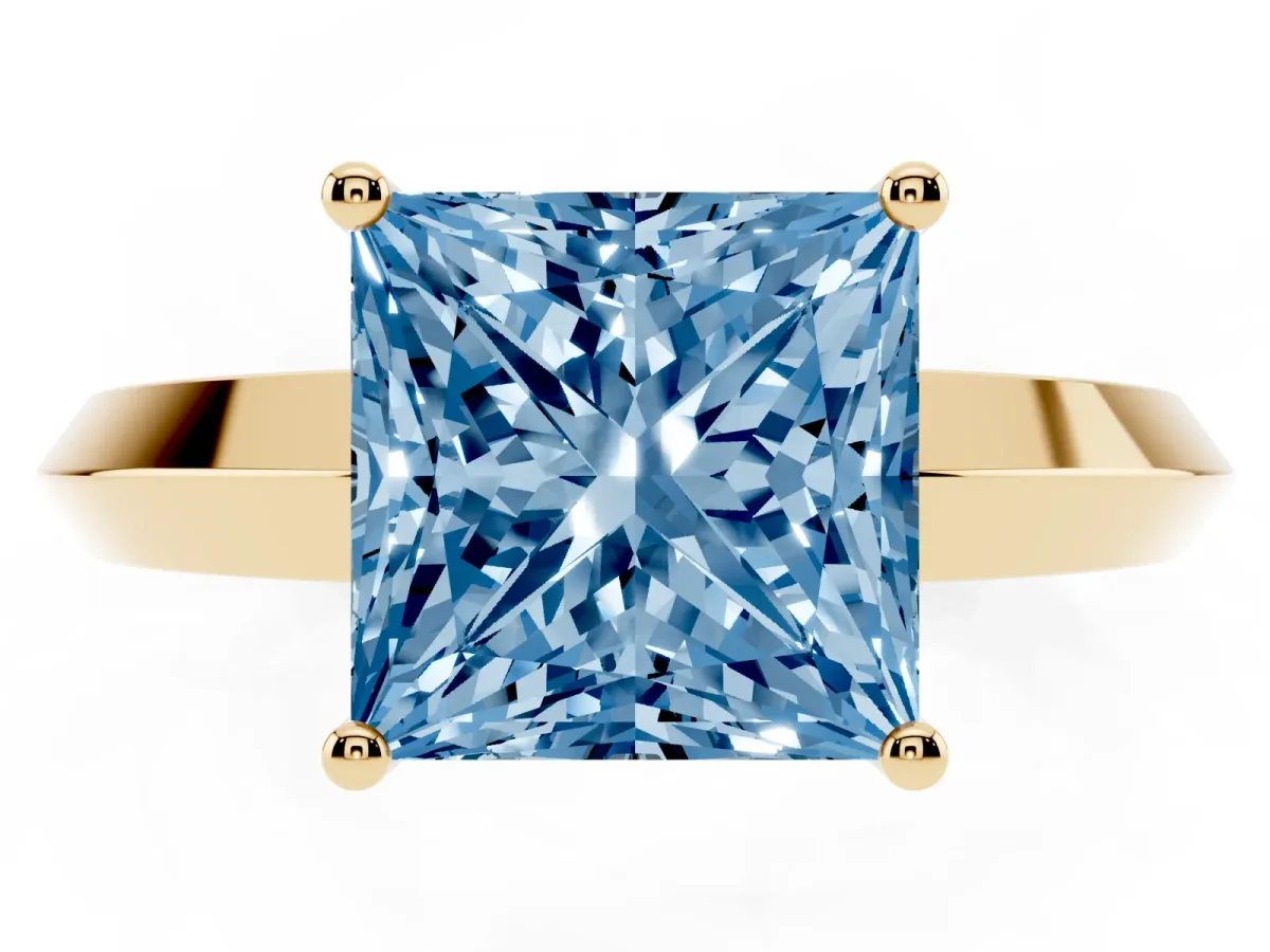 Fancy Blue Princess Cut Cut Solitaire Engagement Ring with Flat Band and Four-Prong Setting Yellow gold