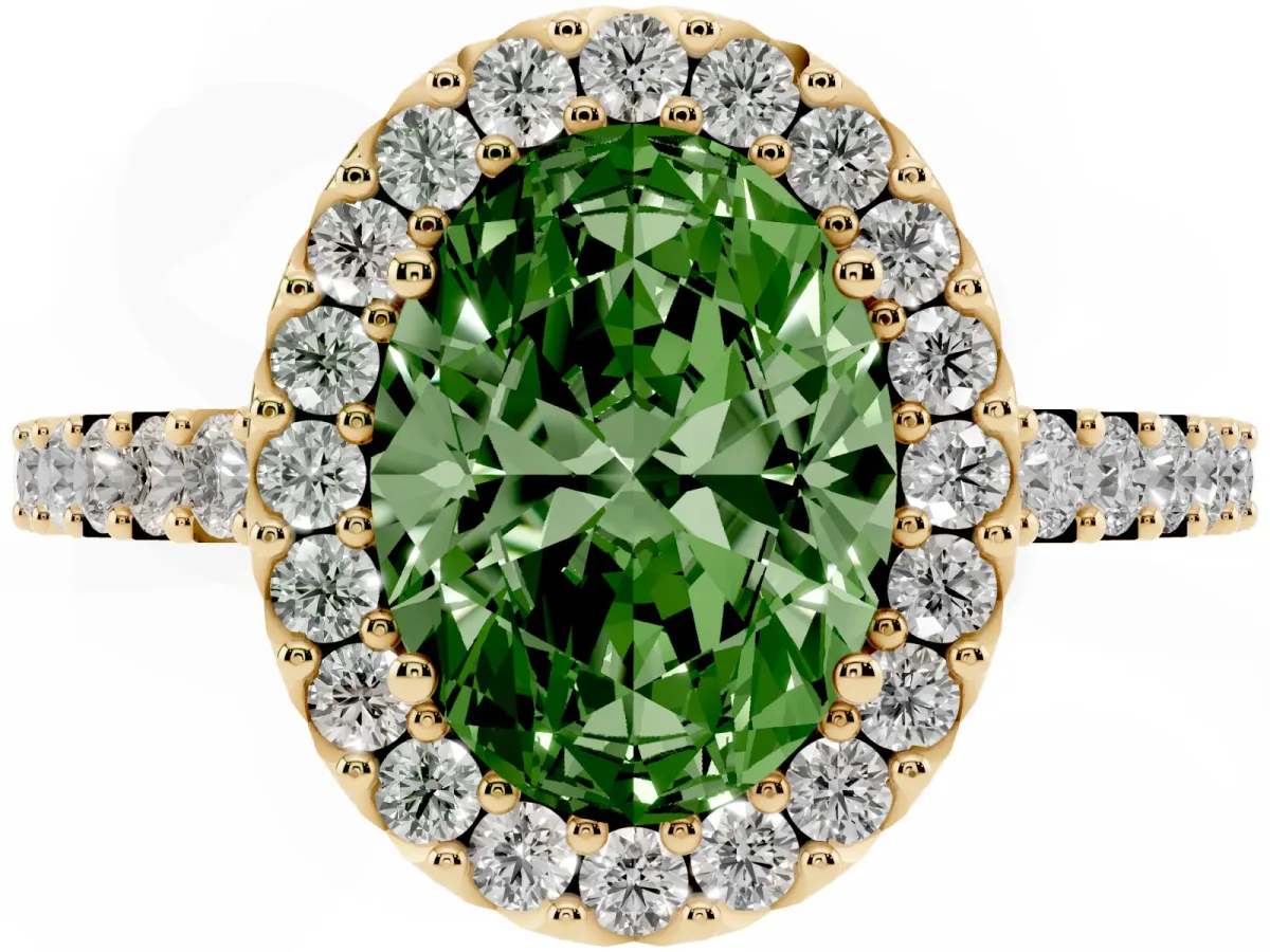 Fancy Green Oval Cut Halo Diamond Pavé Solitaire Ring Yellow gold