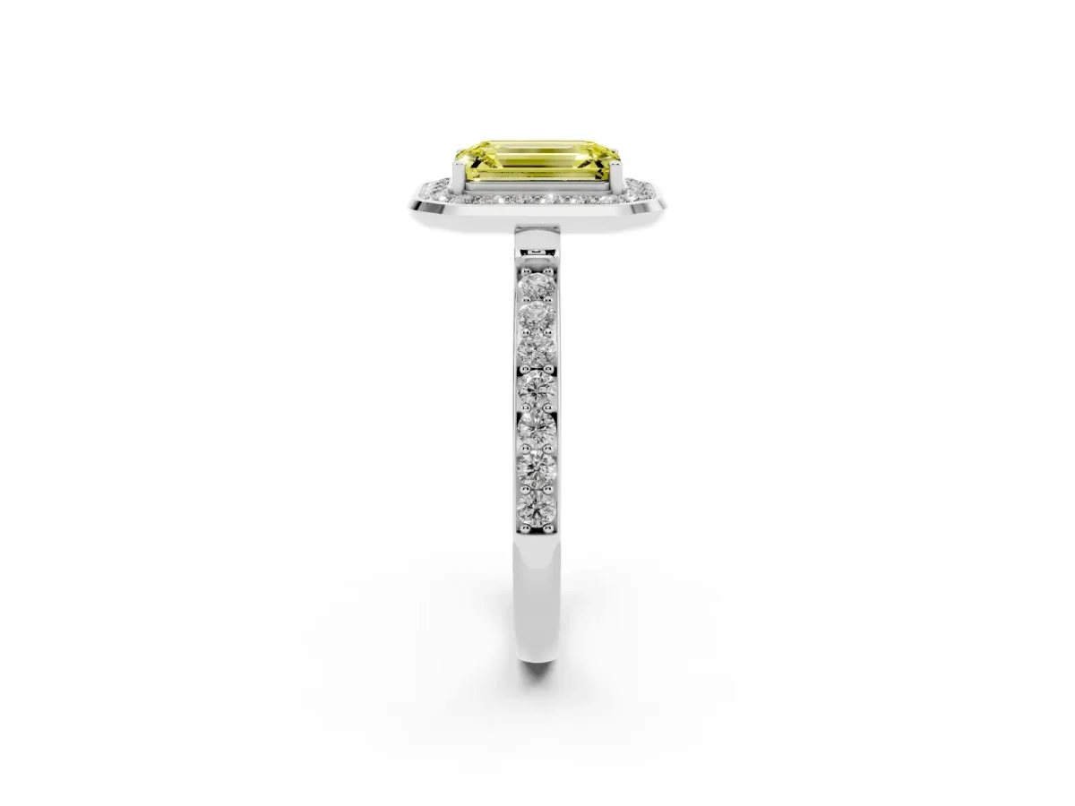 Fancy Yellow Emerald Cut Diamond Halo Ring with Bezel Frame and Pavé Band Silver