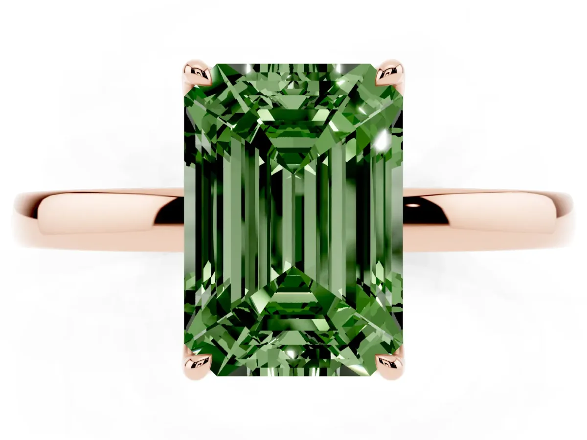 Fancy Green Emerald Cut Diamond Solitaire Ring with Thin Band and Prong Setting Rose gold