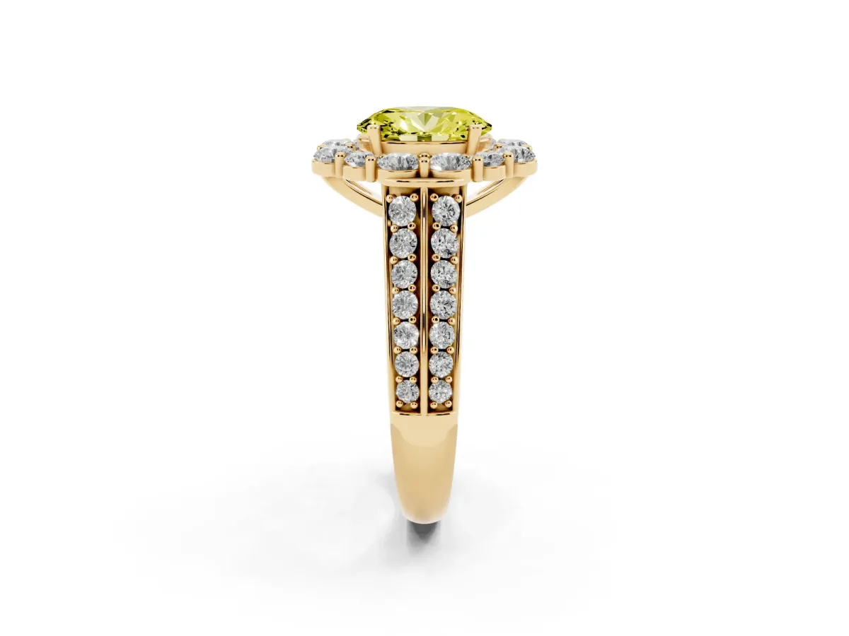 Fancy Yellow Oval Cut Halo Diamond Engagement Ring with Split Shank and Prong Setting Yellow gold