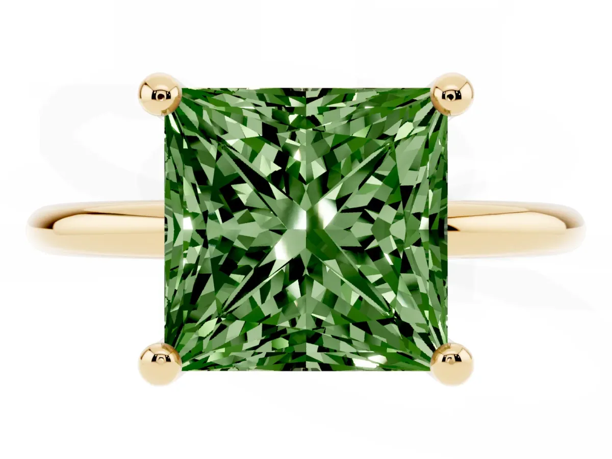 Fancy Green Princess Cut Solitaire Diamond Ring with 4-Prong Setting on a Classic Band Yellow gold