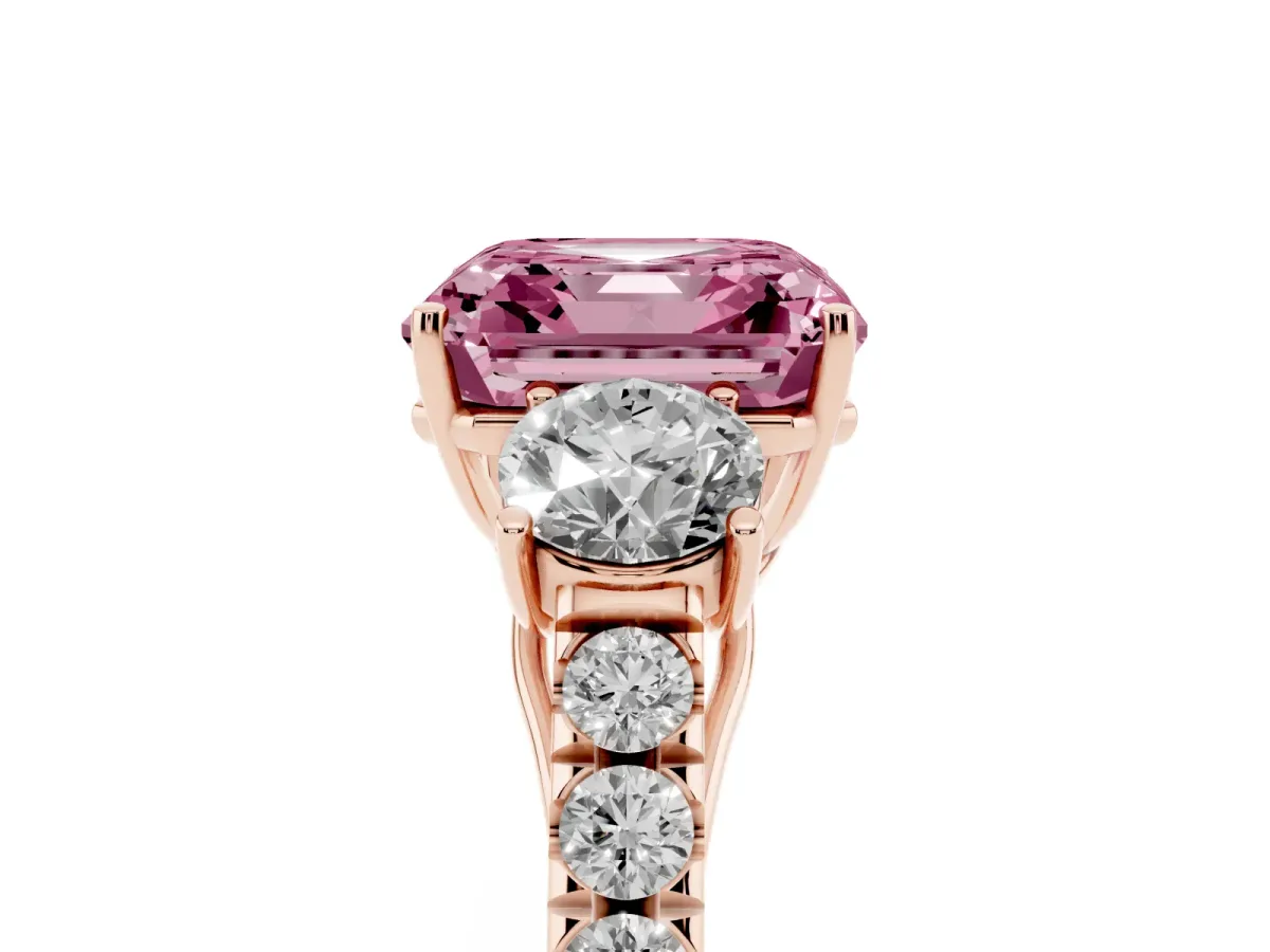 Fancy Pink Asscher Cut Cut Diamond Three-Stone Ring with Round Side Stones and Pavé Band Rose gold