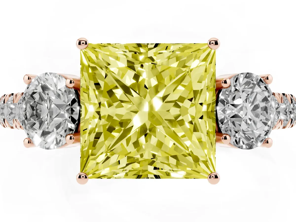 Fancy Yellow Princess Cut Cut Diamond Three-Stone Ring with Round Side Stones and Pavé Band Rose gold