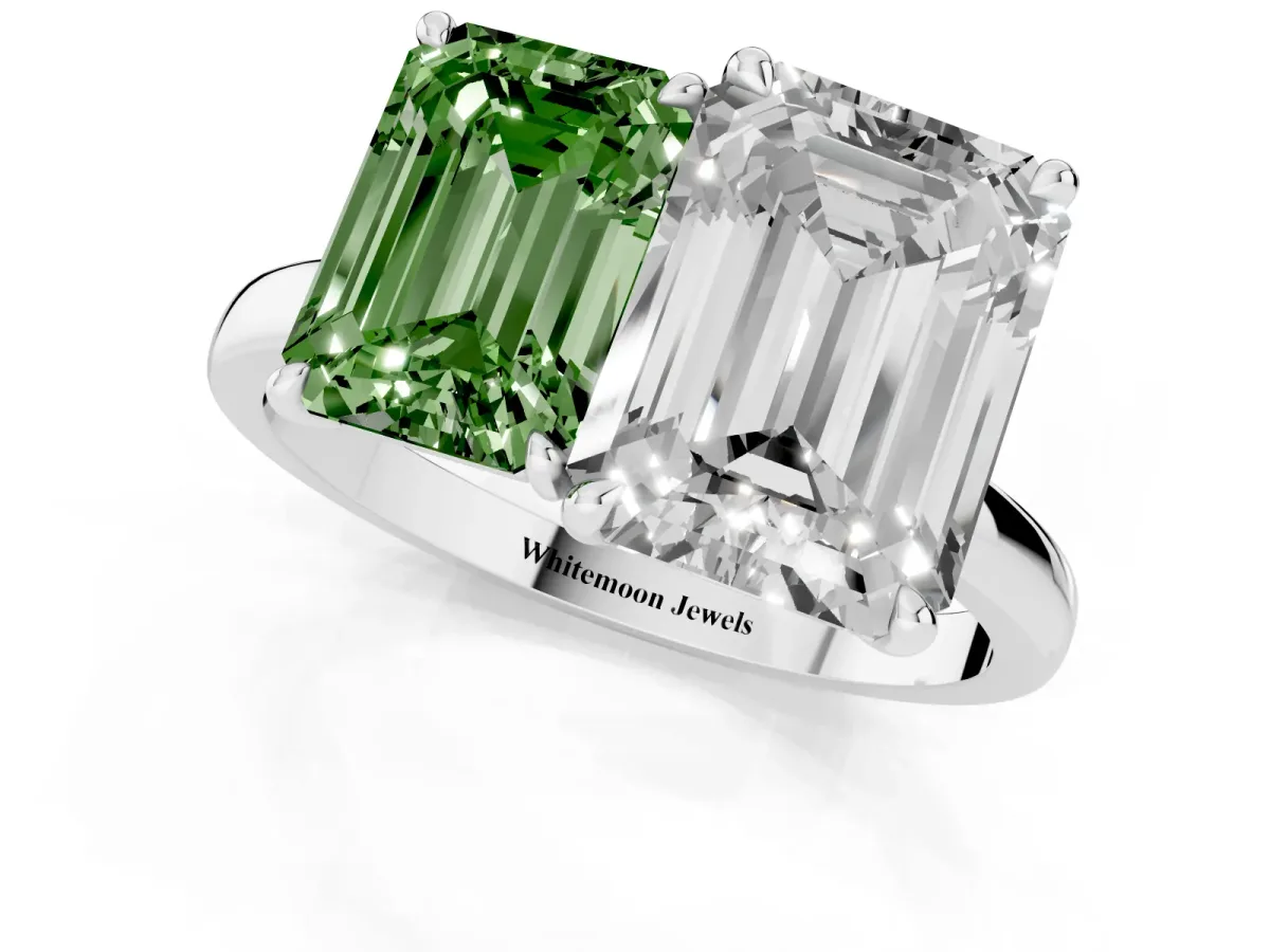 Fancy Green Emerald Cut and Emerald Cut Toi Moi Ring with Prong Setting Platinum