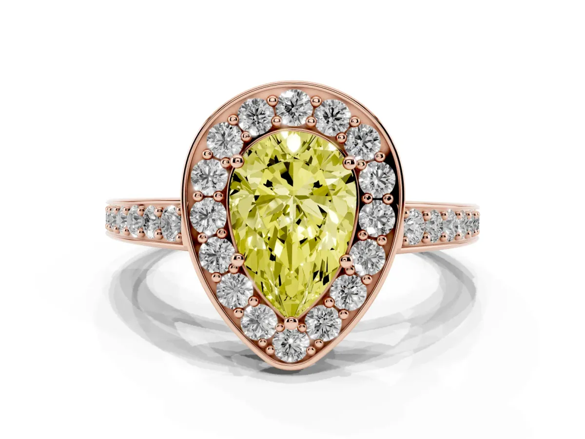 Fancy Yellow Pear Cut Halo Pavé Diamond Engagement Ring with Bezel Setting Rose gold