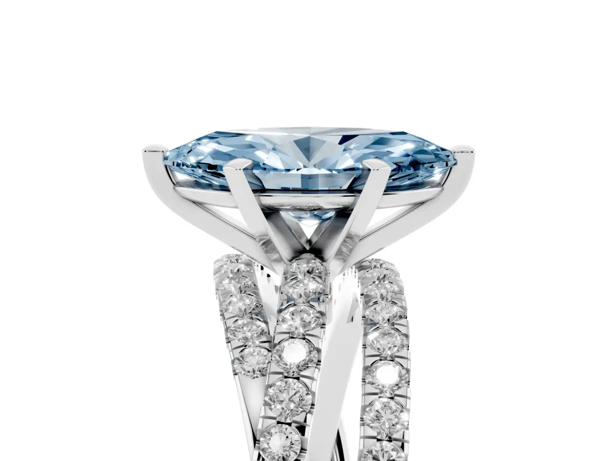Fancy Blue Marquise Cut Solitaire Twist Band with Pavé Setting and Four-Prong Setting Silver