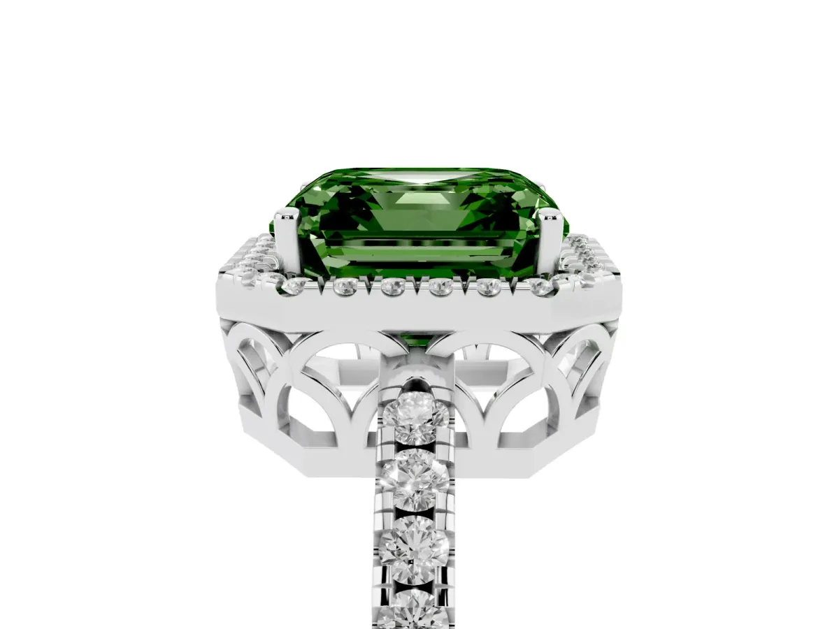 Fancy Green Asscher Cut Halo Diamond Engagement Ring with Pavé Band and Four-Prong Setting Platinum