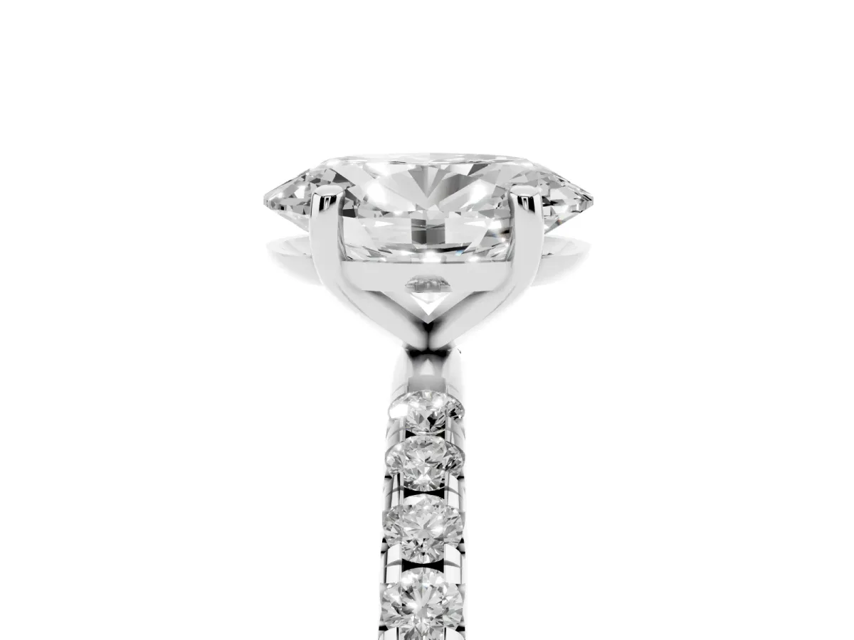 Oval Cut Cut Diamond Solitaire Ring with Micro Pave Band and Four Prong Setting White gold