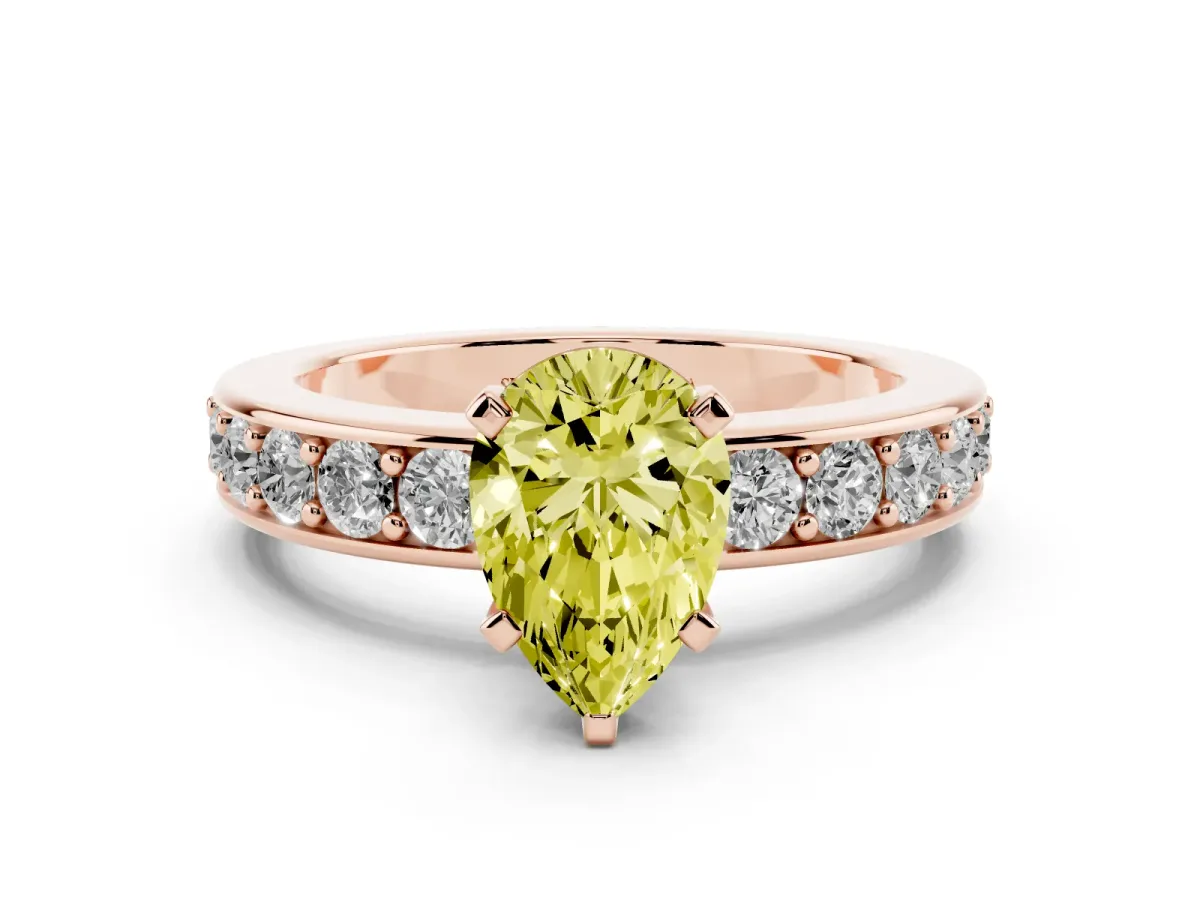 Fancy Yellow Pear Cut Diamond Engagement Ring with Channel Set Round Band and Prong Setting Rose gold