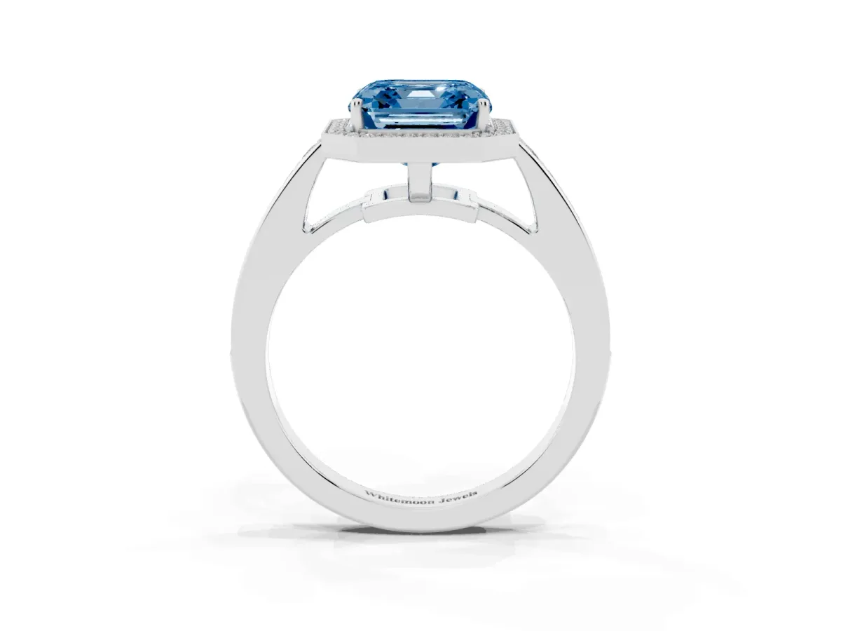 Fancy Blue Asscher Cut Halo Pavé Diamond Engagement Ring with Bezel Setting Platinum