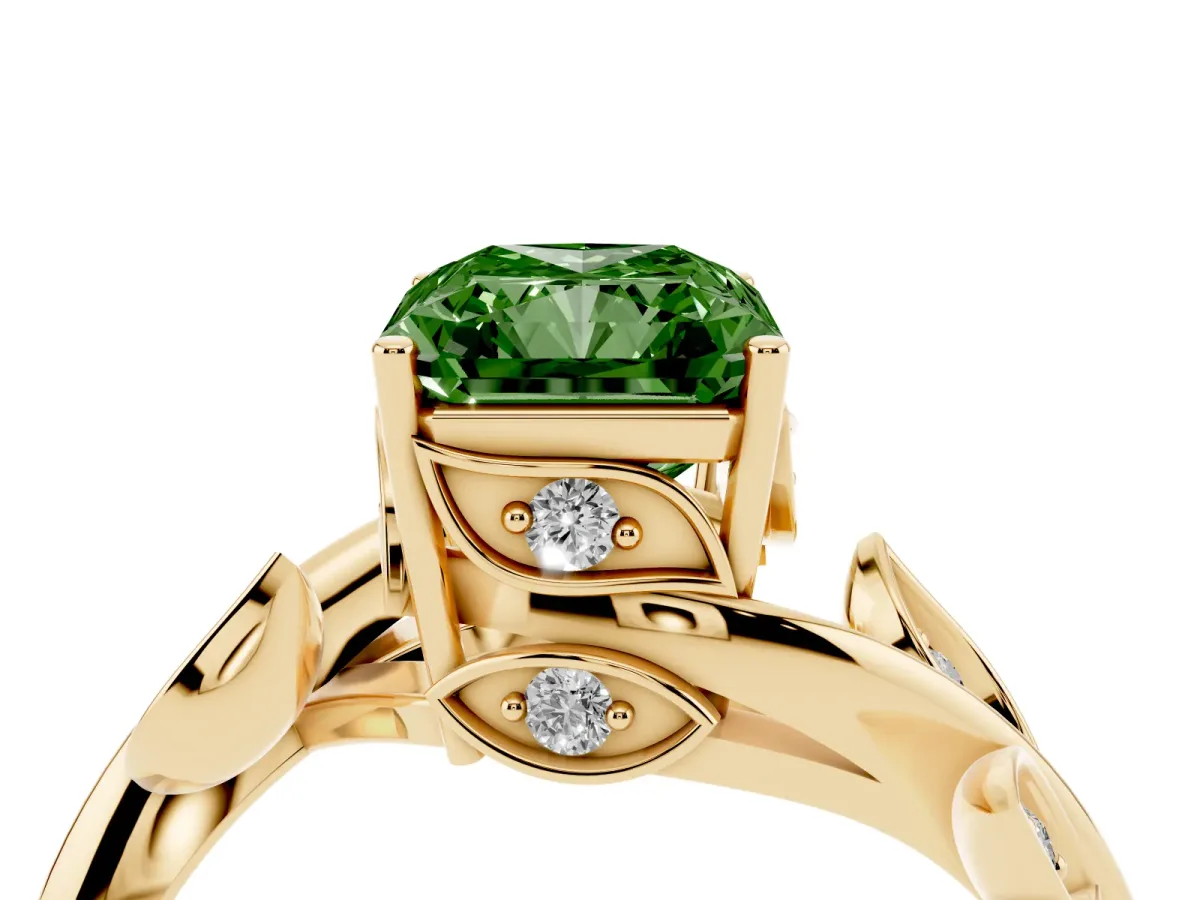 Fancy Green Radiant Cut Solitaire Twist Engagement Ring with Leaf Accents and Prong Setting Yellow gold