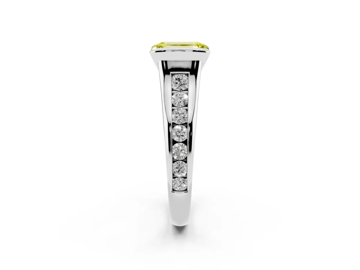 Fancy Yellow Emerald Cut Solitaire Bezel-Set Diamond Ring with Channel-Set Band Platinum