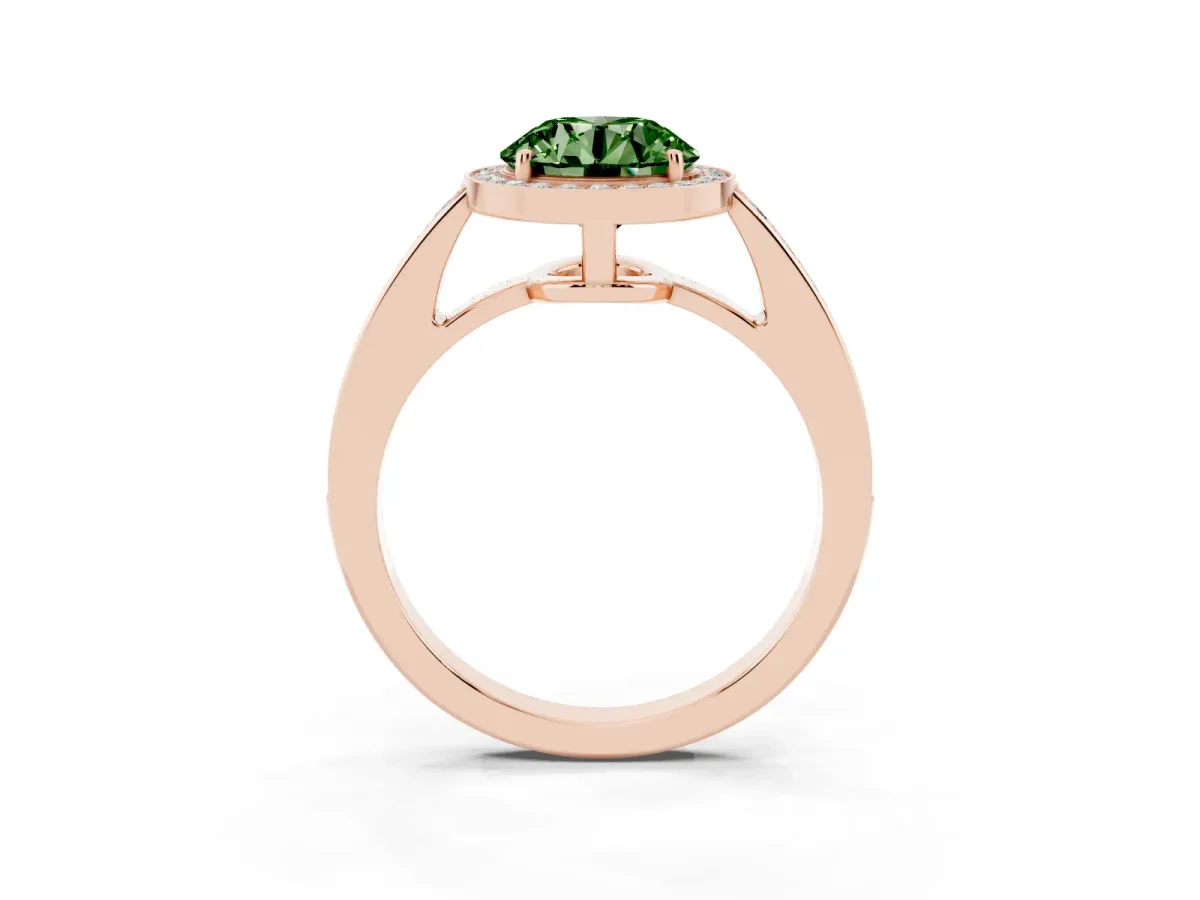 Fancy Green Round Cut Halo Pavé Diamond Engagement Ring with Bezel Setting Rose gold