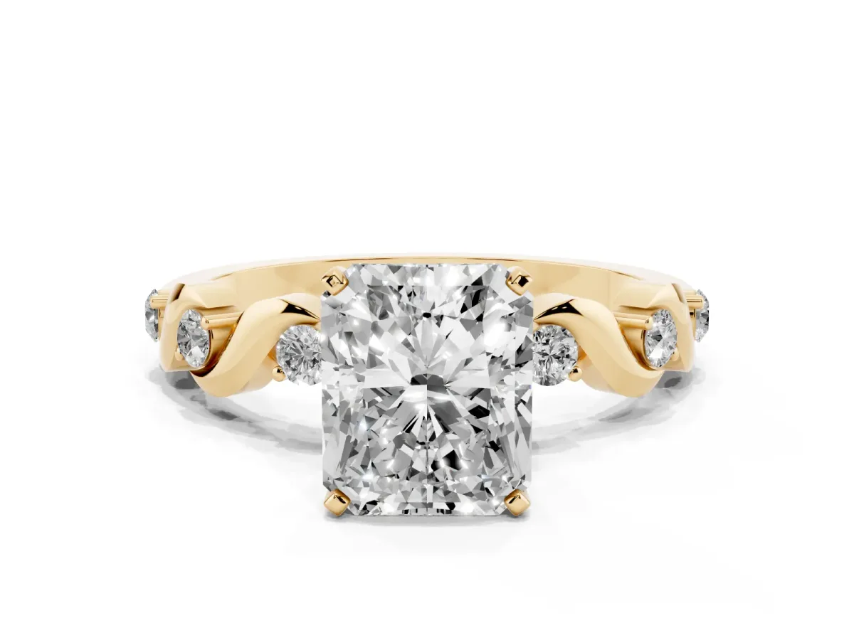Radiant Cut Diamond Solitaire Twisted Band with Round Accents and Prong Setting Yellow gold