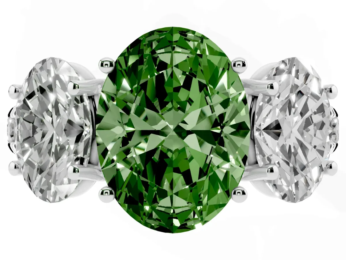 Fancy Green Three-Stone Oval Cut Diamond Pavé Band with Prong Setting Silver