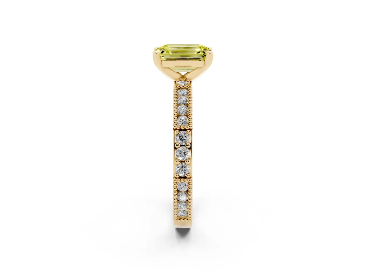 Fancy Yellow Emerald Cut Solitaire with Pavé Band and Four-Prong Setting Yellow gold