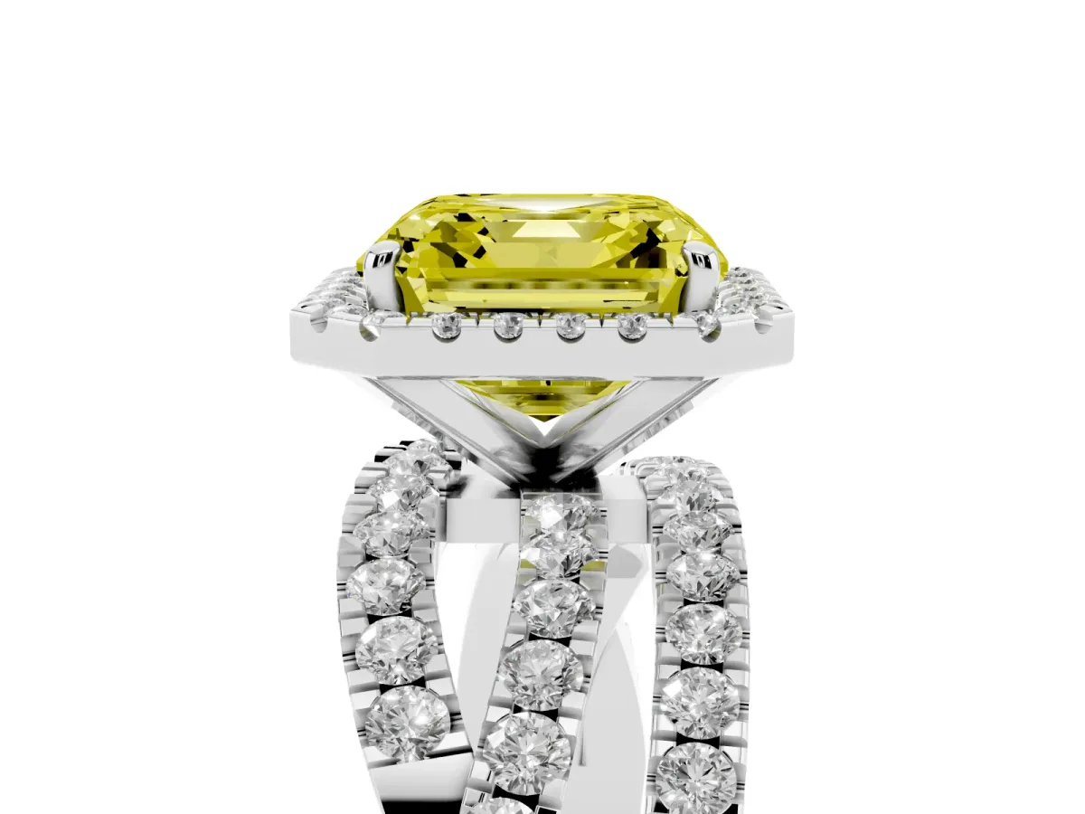 Fancy Yellow Asscher Cut Diamond Halo Ring with Round Split Shank and Prong Setting Silver