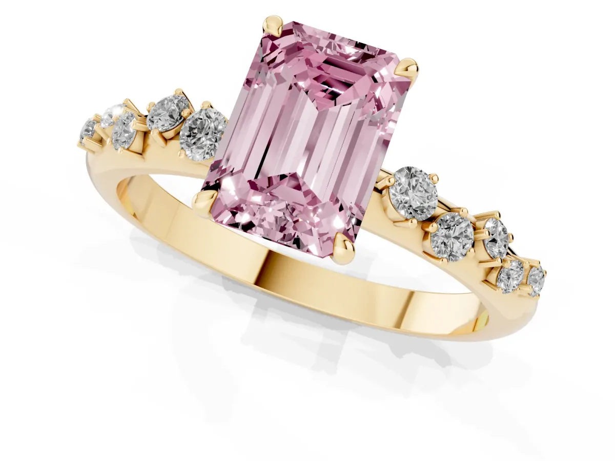 Fancy Pink Emerald Cut Diamond Cluster Prong-Set Solitaire Ring Yellow gold