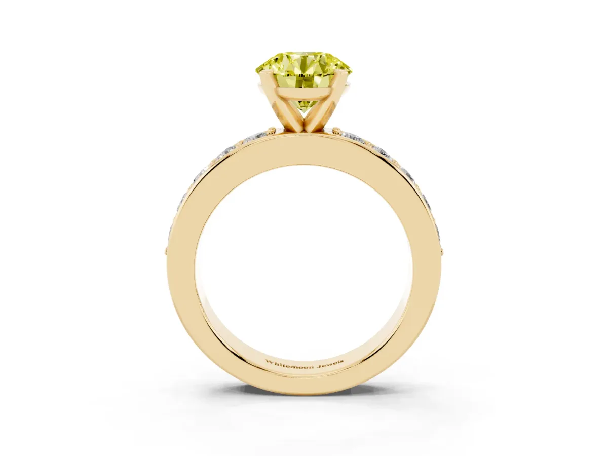 Fancy Yellow Round Cut Diamond Engagement Ring with Channel Set Round Band and Prong Setting Yellow gold