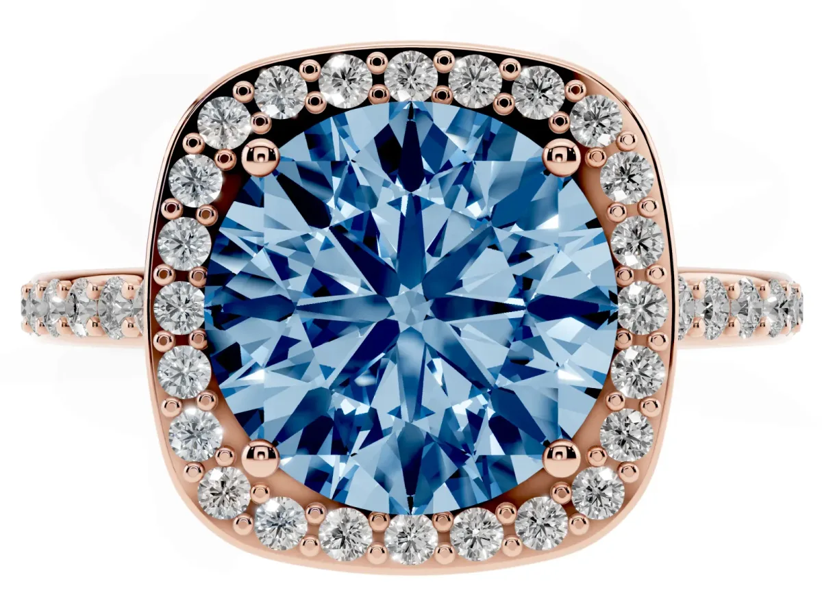 Fancy Blue Round Cut Diamond Halo Engagement Ring with Round Pavé Shoulders and Prong Setting Rose gold