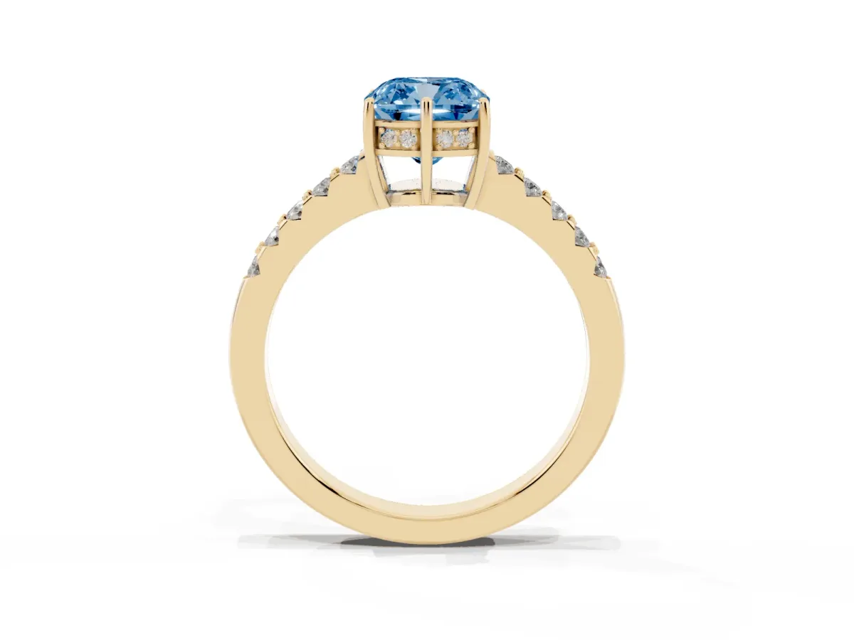 Fancy Blue Cushion Cut Solitaire Diamond Engagement Ring with Pavé Band and Six-Prong Setting Yellow gold