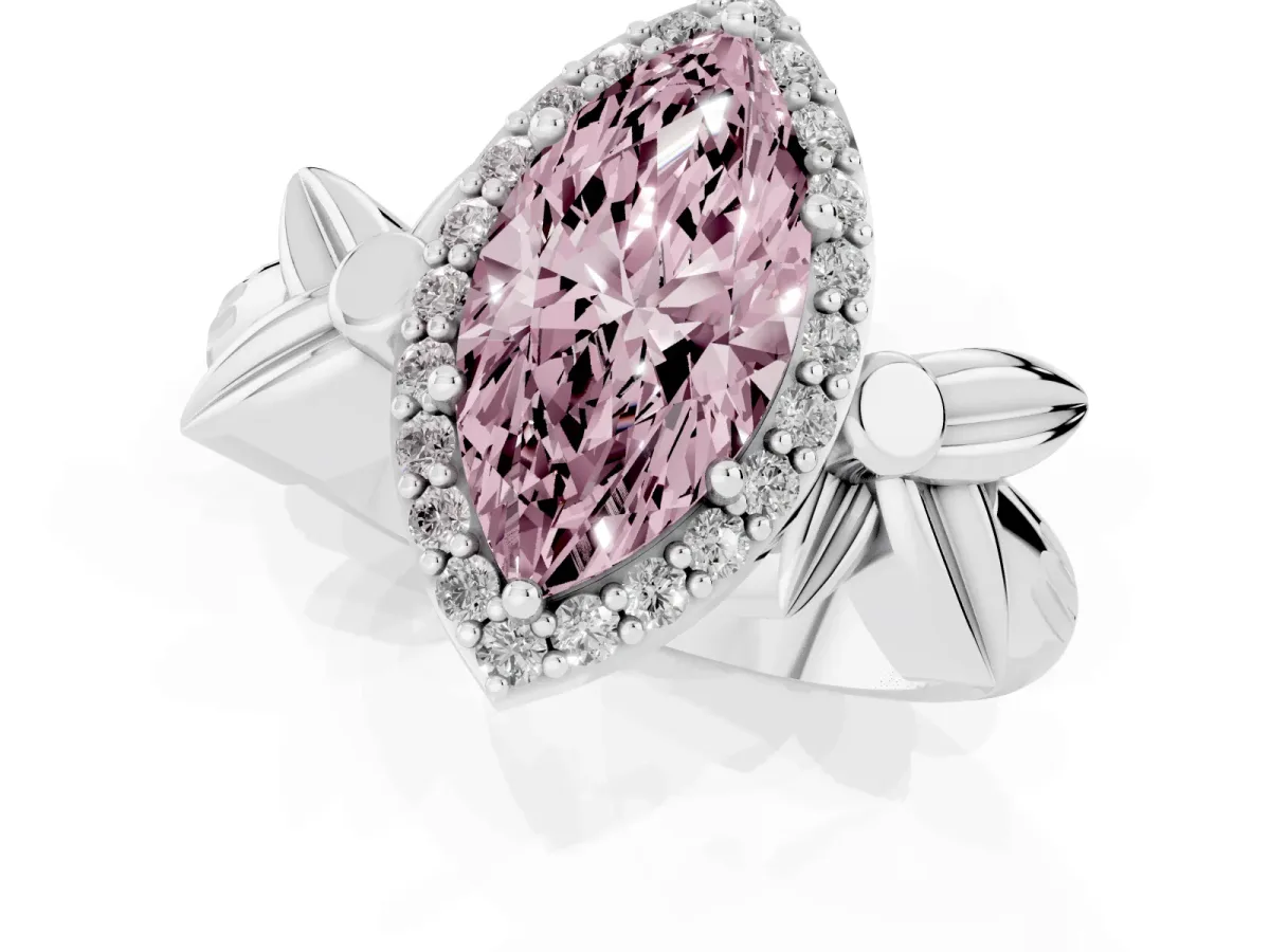 Fancy Pink Marquise Cut Halo Diamond Floral Band with Four-Prong Setting Silver