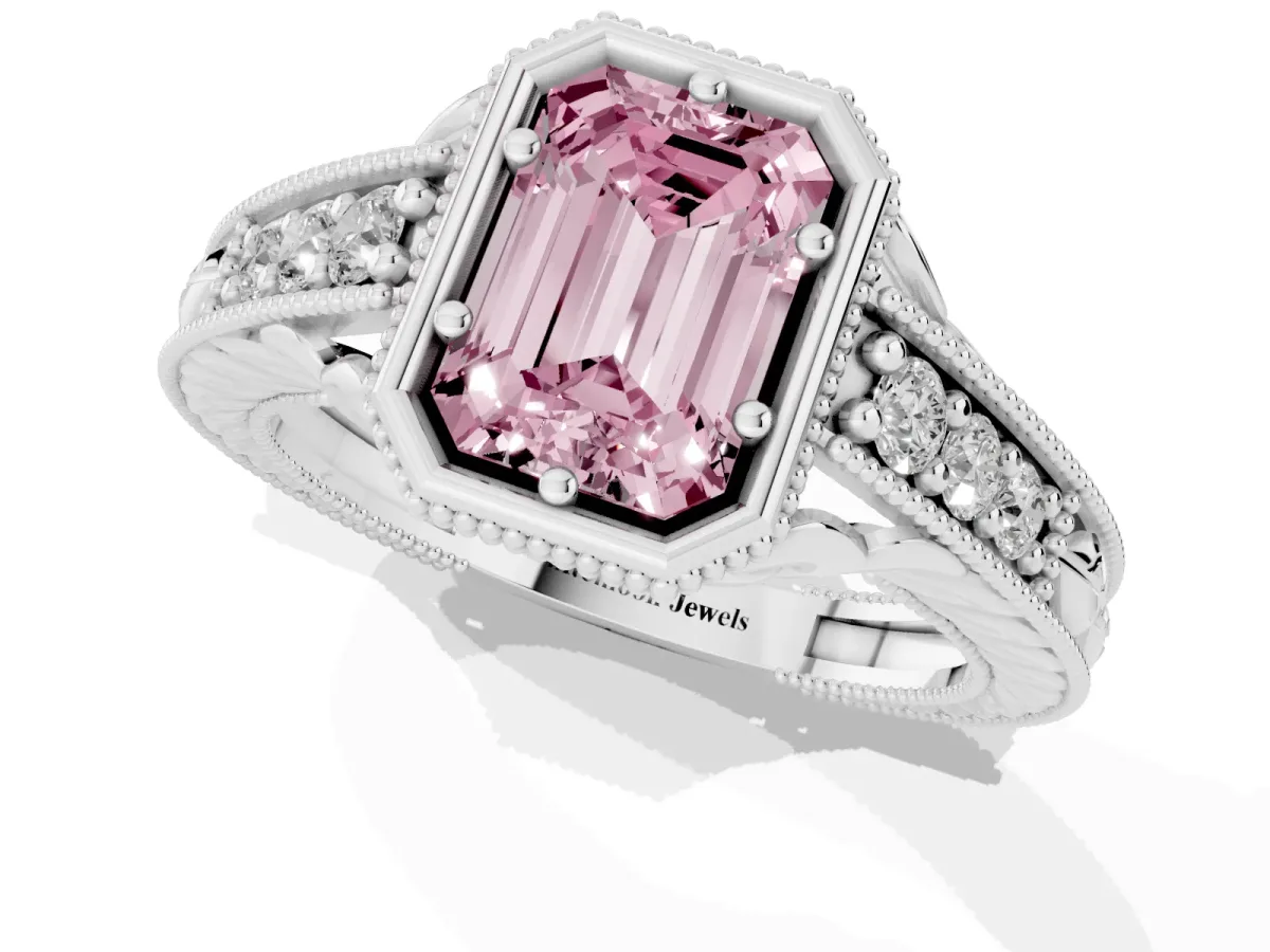 Fancy Pink Bezel Set Emerald Cut Diamond Milgrain Pave Engagement Ring Platinum