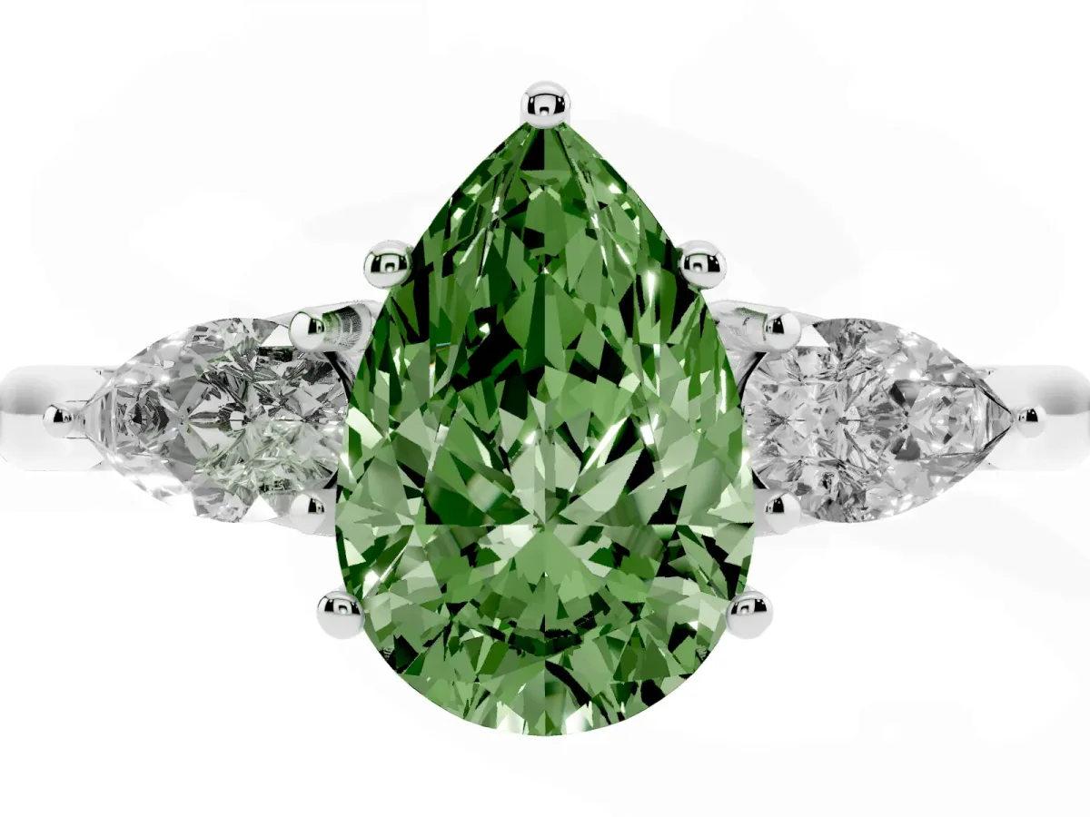 Fancy Green Three-Stone Pear Cut Diamond Ring with Pear Side Stones in Four-Prong Setting Silver