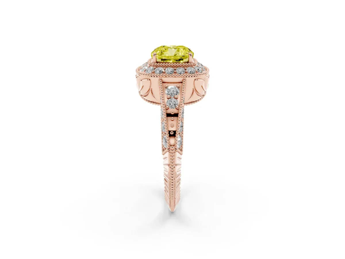 Fancy Yellow Cushion Cut Halo Diamond Split Shank Ring with Milgrain Detail Rose gold
