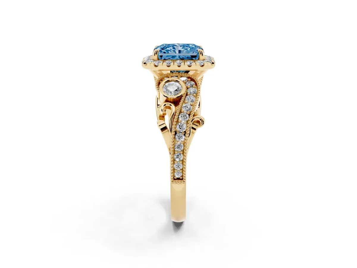Fancy Blue Radiant Cut Halo Diamond Ring with Milgrain and Bezel Accents on a Split Shank Band Yellow gold