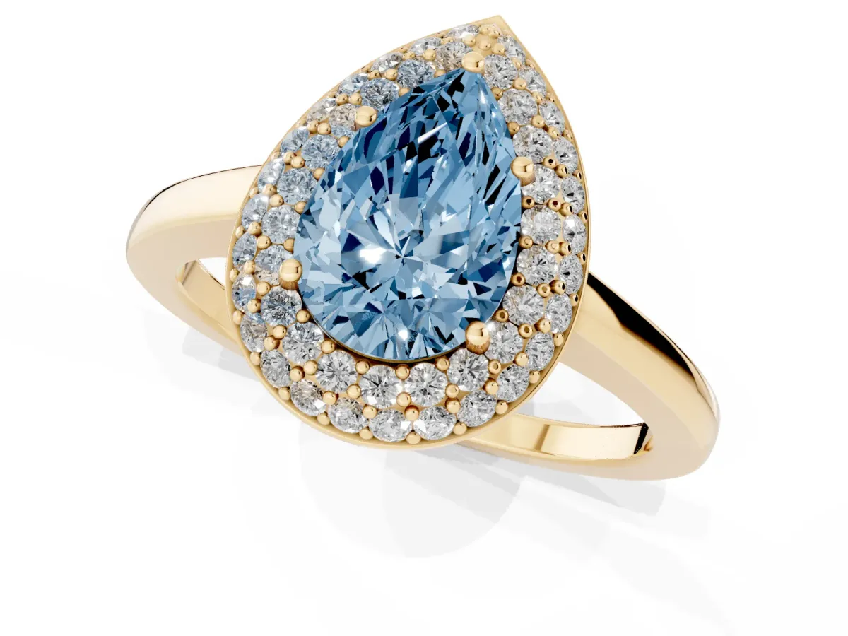 Fancy Blue Pear Cut Halo Diamond Engagement Ring with Solitaire Band and Four-Prong Setting Yellow gold