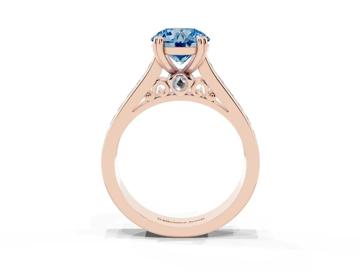 Fancy Blue Round Cut Cut Channel Set Solitaire Engagement Ring with Prong Setting Rose gold
