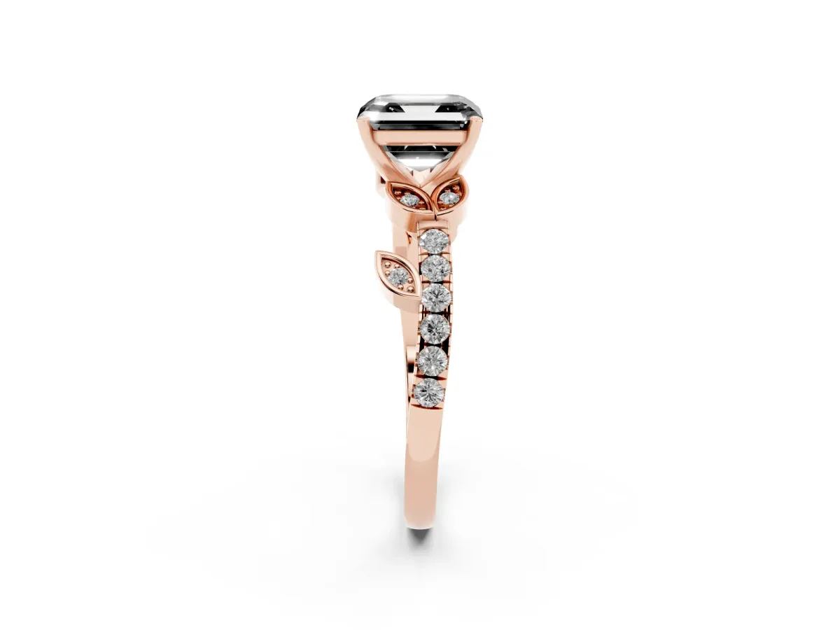 Fancy Black Asscher Cut Solitaire Leaf-Inspired Diamond Ring with Pavé Band and Four-Prong Setting Rose gold