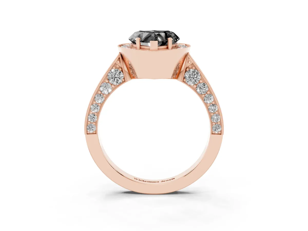 Fancy Black Heart Cut Halo Diamond Engagement Ring with Split Shank Band and Four-Prong Setting Rose gold