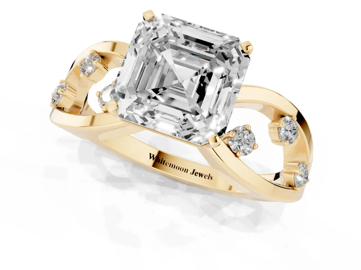Asscher Cut Cut Solitaire Diamond with Side Stones on Criss-Cross Band and Four-Prong Setting Yellow gold