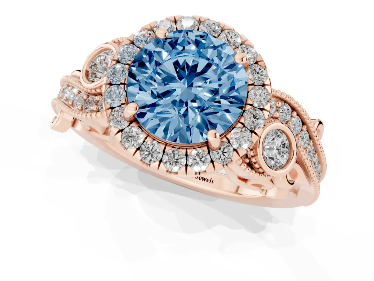 Fancy Blue Round Cut Halo Diamond Ring with Milgrain and Bezel Accents on a Split Shank Band Rose gold