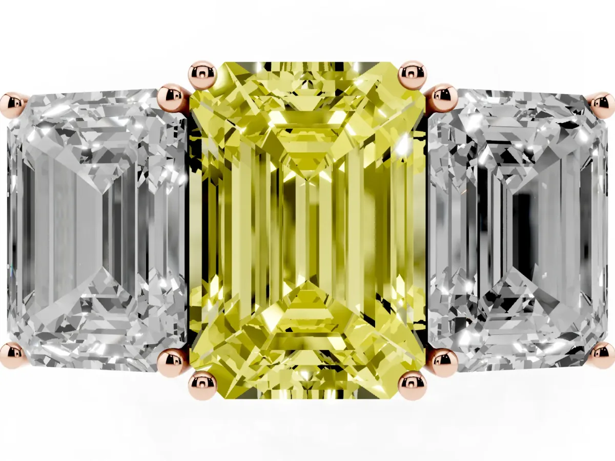 Fancy Yellow Emerald Cut Diamond Three-Stone Ring with Prong Setting and Textured Band Rose gold
