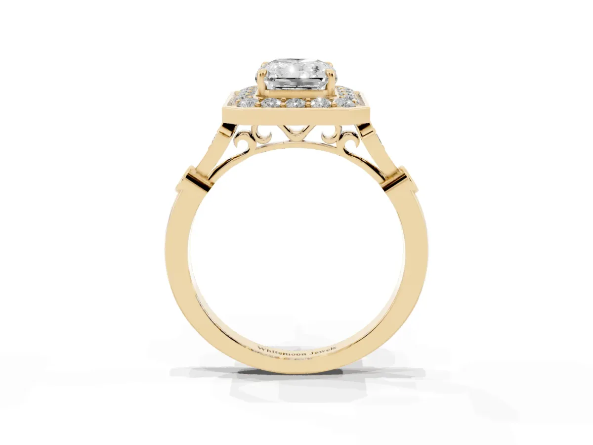 Radiant Cut Halo Diamond Engagement Ring with Twisted Band and Four-Prong Setting Yellow gold