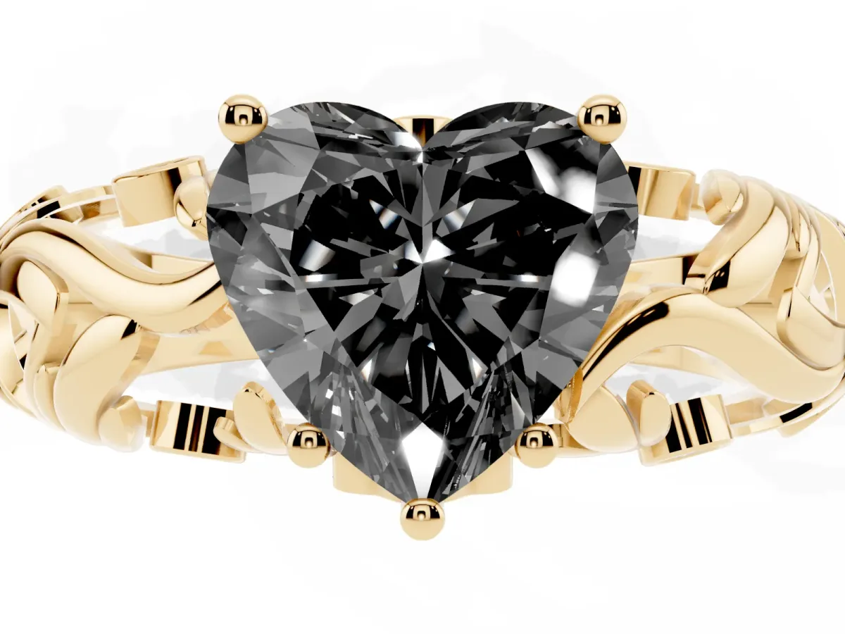 Fancy Black Heart Cut Solitaire Diamond Leaf-Inspired Vine Band Ring with Prong Setting Yellow gold