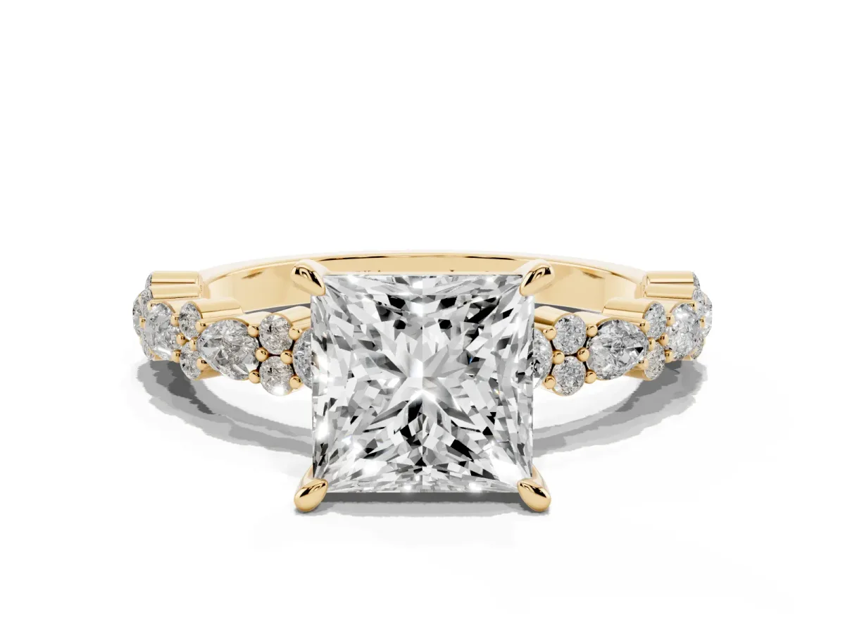 Princess Cut Diamond Side Stone Solitaire Ring with Round and Four-Prong Setting Yellow gold