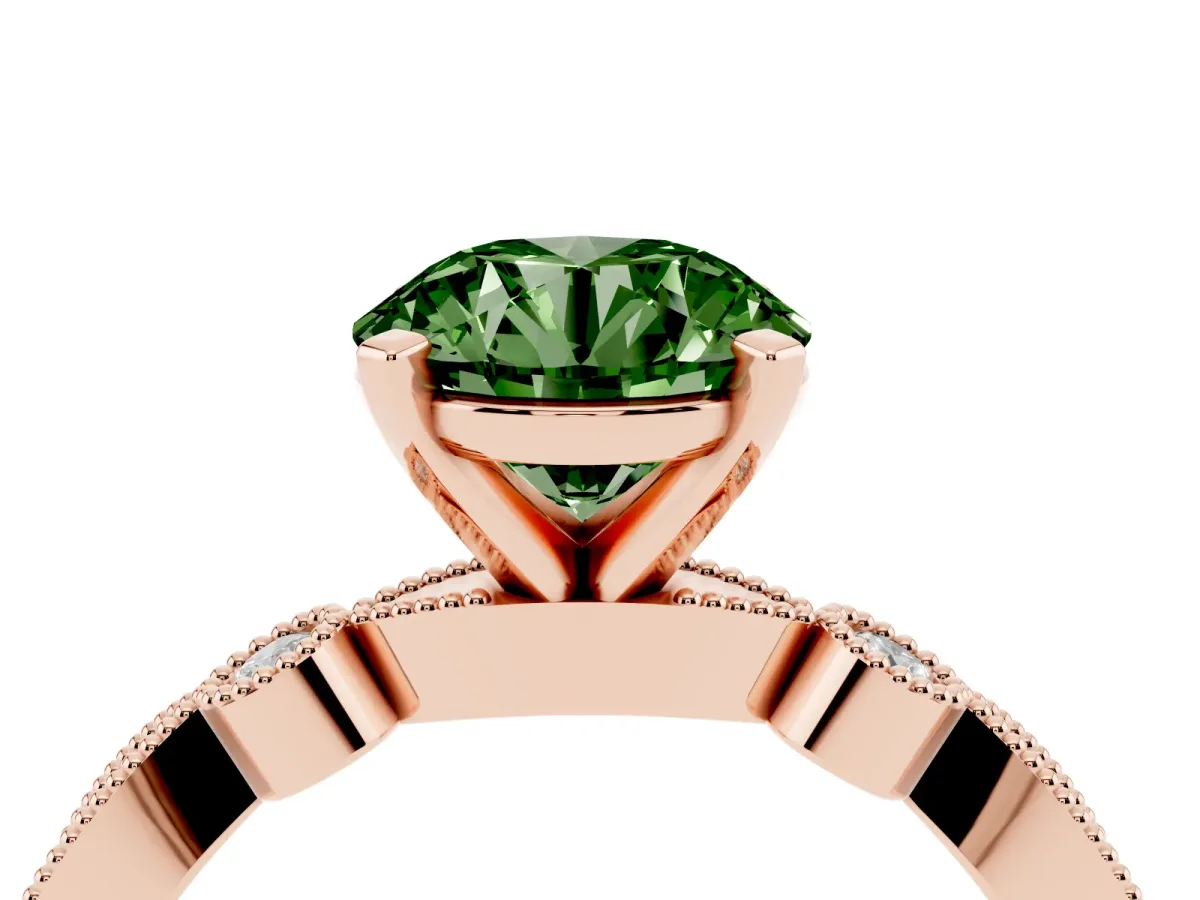 Fancy Green Round Cut Milgrain Bezel Diamond Engagement Ring with Solitaire Prong Setting Rose gold