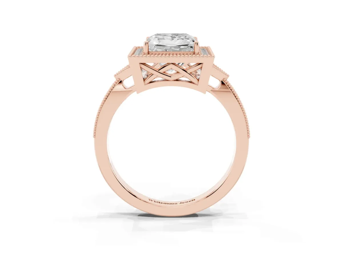 Princess Cut Halo Round Diamond Milgrain Pave Engagement Ring Rose gold